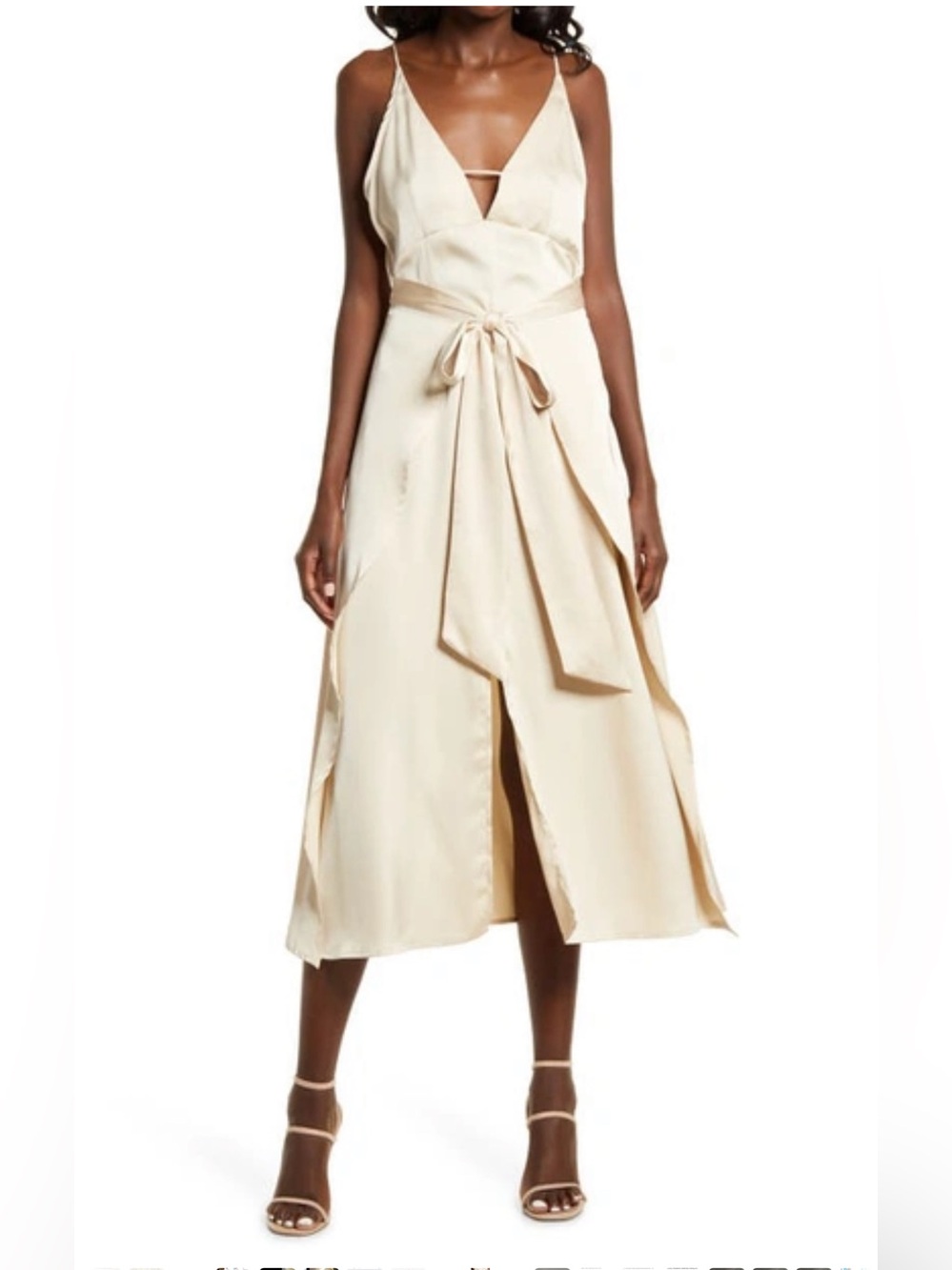 AMYLYNN  Satin Midi Dress Front Slit & Waist Tie Minimalist Slip Beige Large NEW